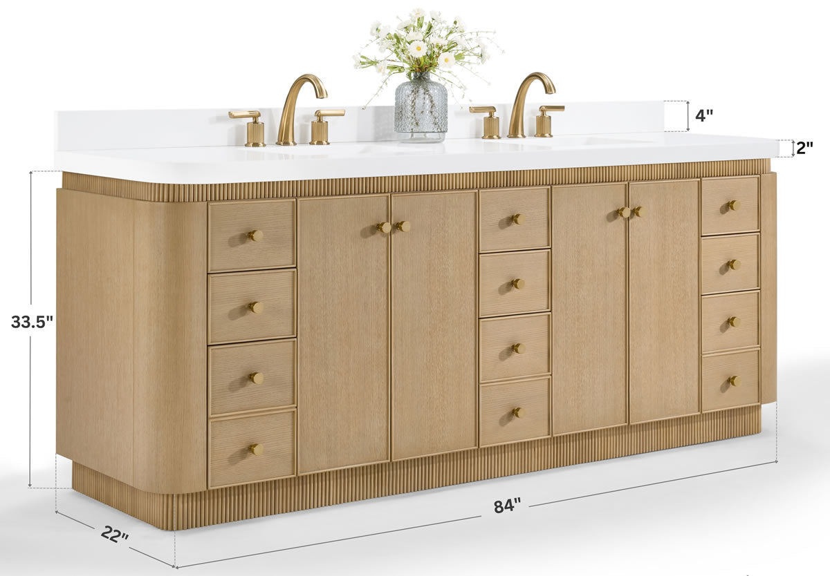 Aston 84" American or Chestnut Oak Solid Wood Vanity - White Quartz Top - by Ancerre Designs