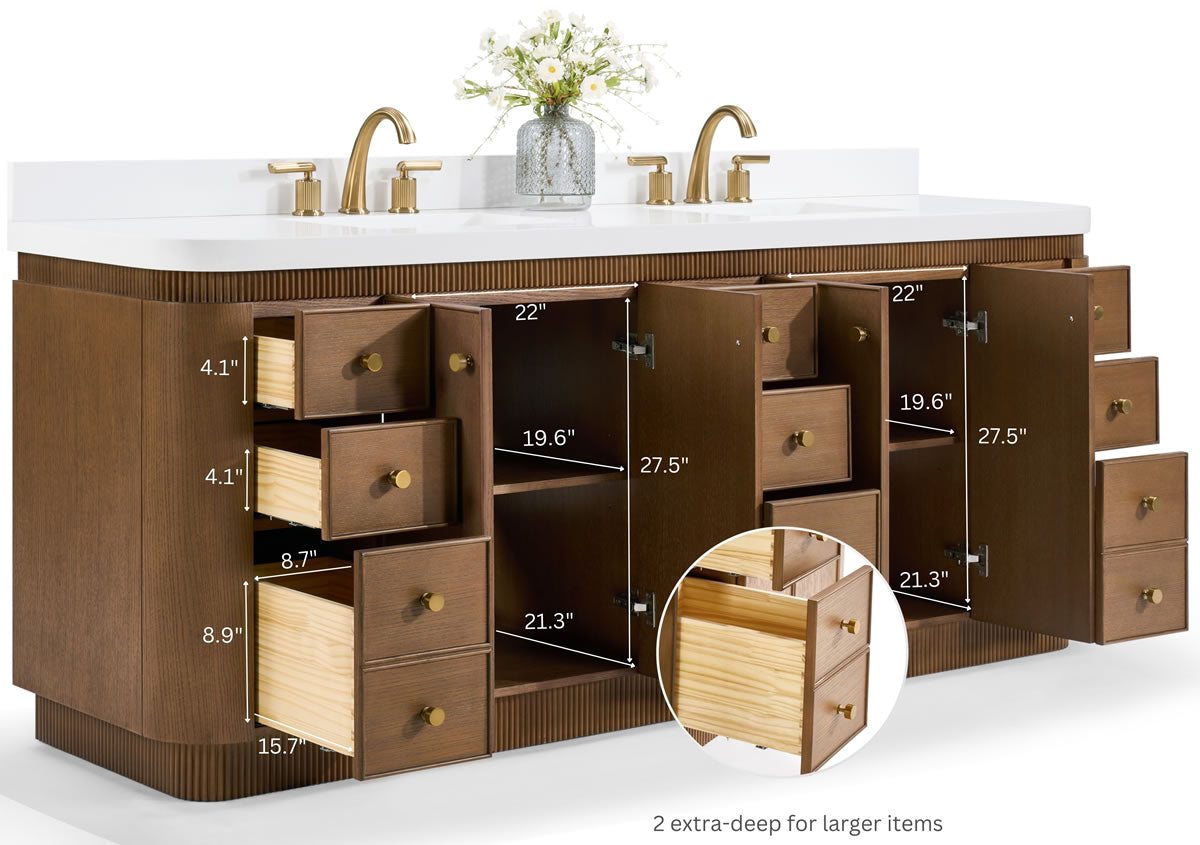 Aston 84" American or Chestnut Oak Solid Wood Vanity - White Quartz Top - by Ancerre Designs