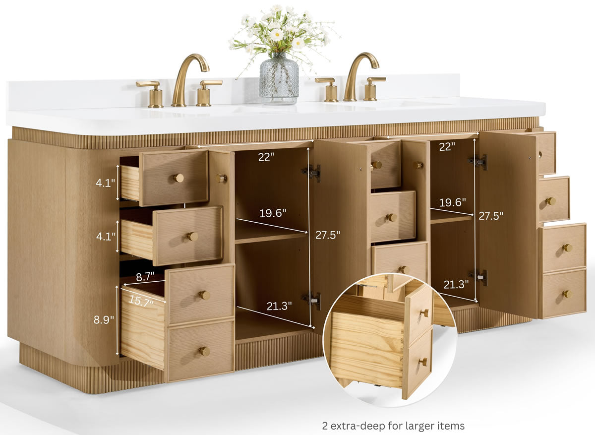Aston 84" American or Chestnut Oak Solid Wood Vanity - White Quartz Top - by Ancerre Designs