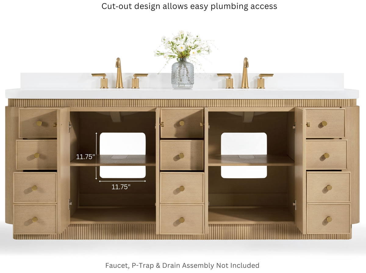 Aston 84" American or Chestnut Oak Solid Wood Vanity - White Quartz Top - by Ancerre Designs