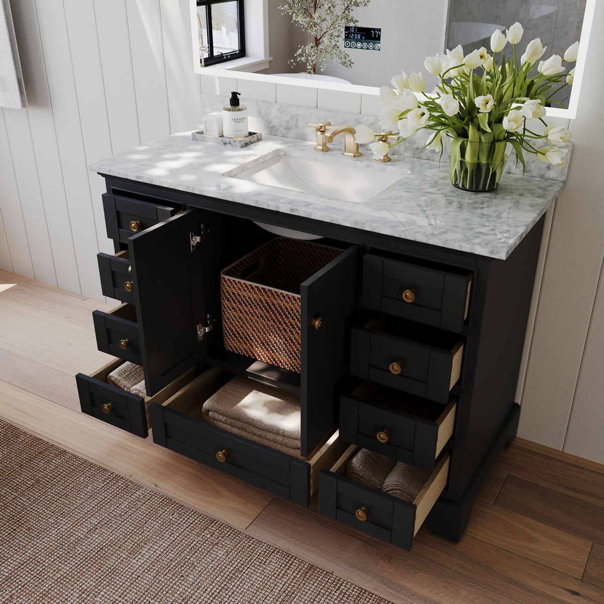 Audrey 48" Black or Gey Solid Wood Vanity - Italian Carrara Marble Top - by Ancerre Designs