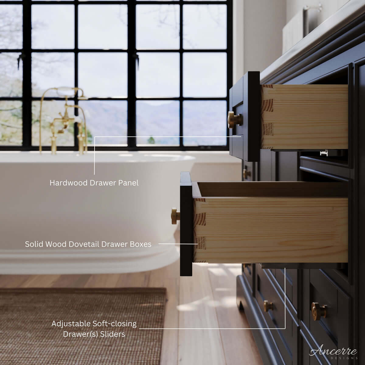 Audrey 60" & 66" Black or Gey Solid Wood Vanities - Italian Carrara Marble Tops - by Ancerre Designs - Perfect Makeup Mirrors