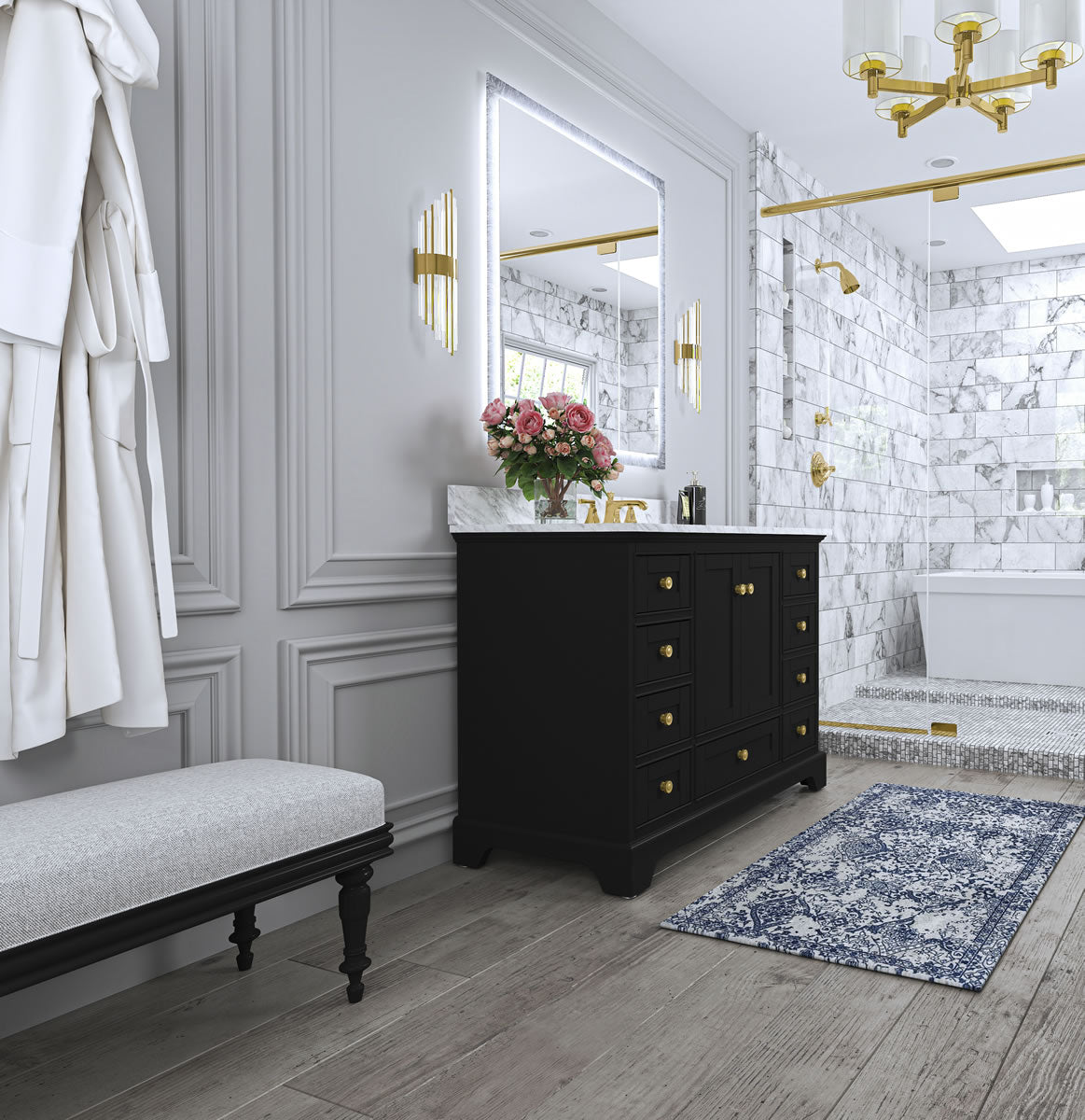 Audrey 48" Black or Gey Solid Wood Vanity - Italian Carrara Marble Top - by Ancerre Designs