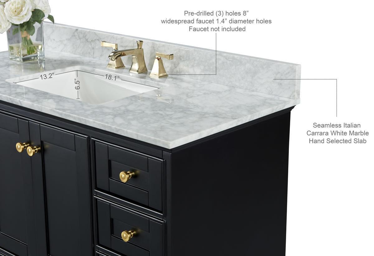 Audrey 48" Black or Gey Solid Wood Vanity - Italian Carrara Marble Top - by Ancerre Designs