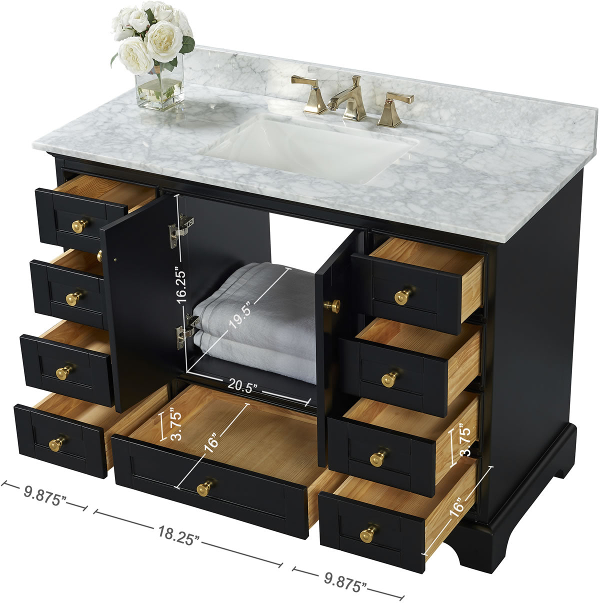 Audrey 48" Black or Gey Solid Wood Vanity - Italian Carrara Marble Top - by Ancerre Designs