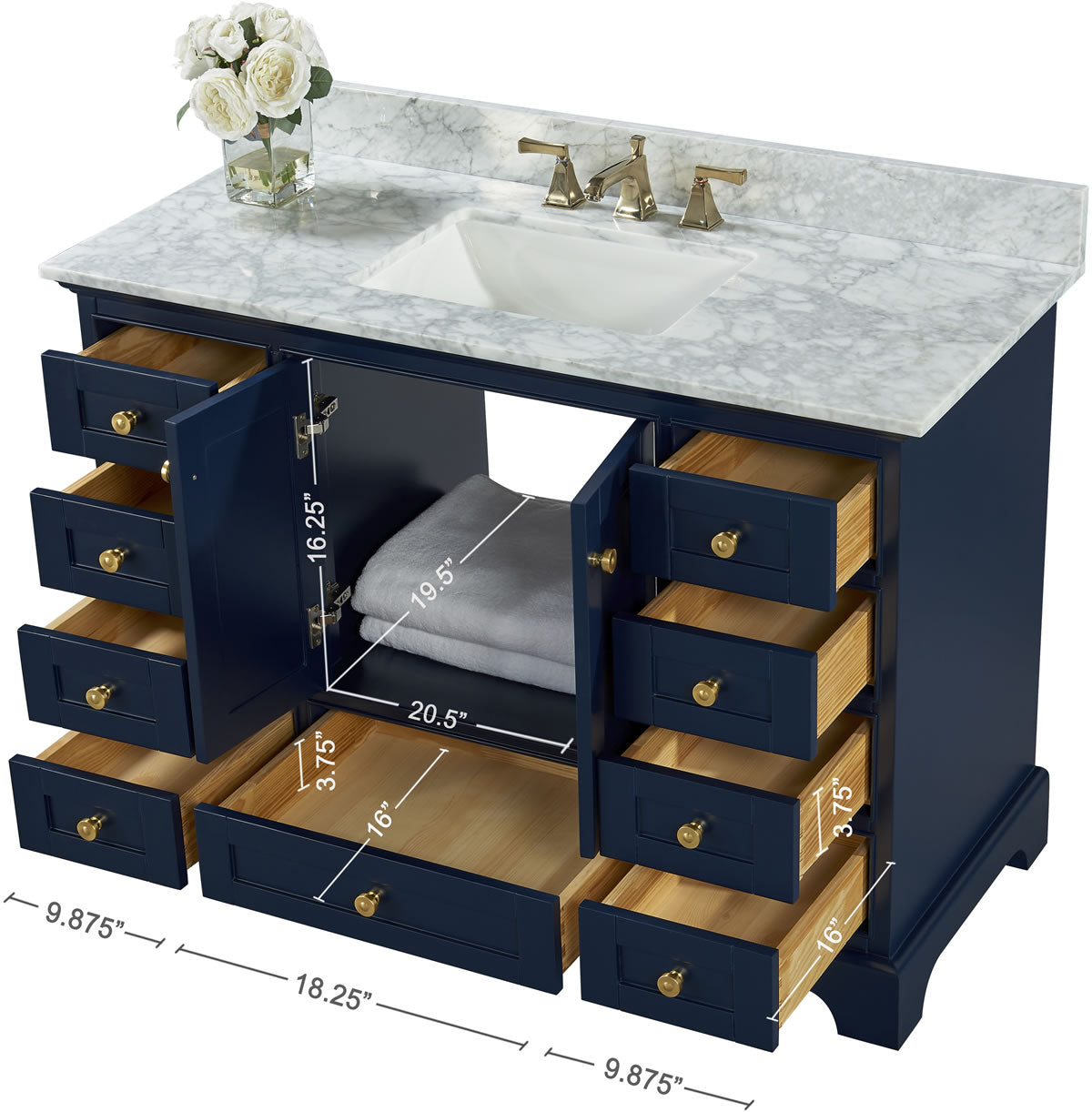 Audrey 48" Blue or Oak Solid Wood Vanity - Quartz or Marble Top  - by Ancerre Designs