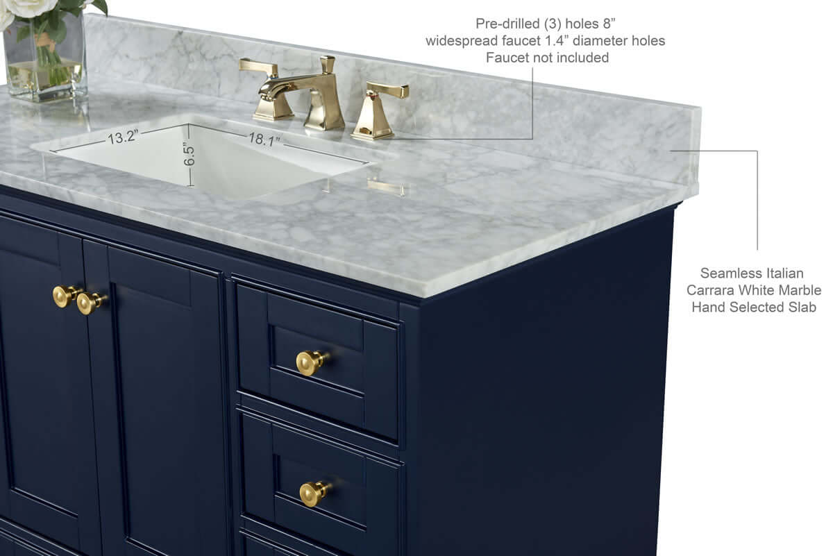 Audrey 60" & 66" Blue or Oak Solid Wood Vanities - Marble or Quartz Tops, Gold or Nickel Hardware - by Ancerre Design