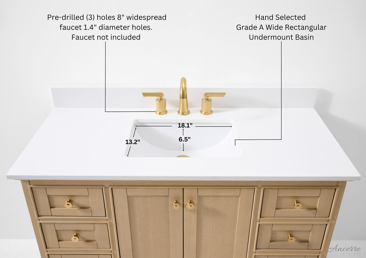 Audrey 48" Blue or Oak Solid Wood Vanity - Quartz or Marble Top  - by Ancerre Designs