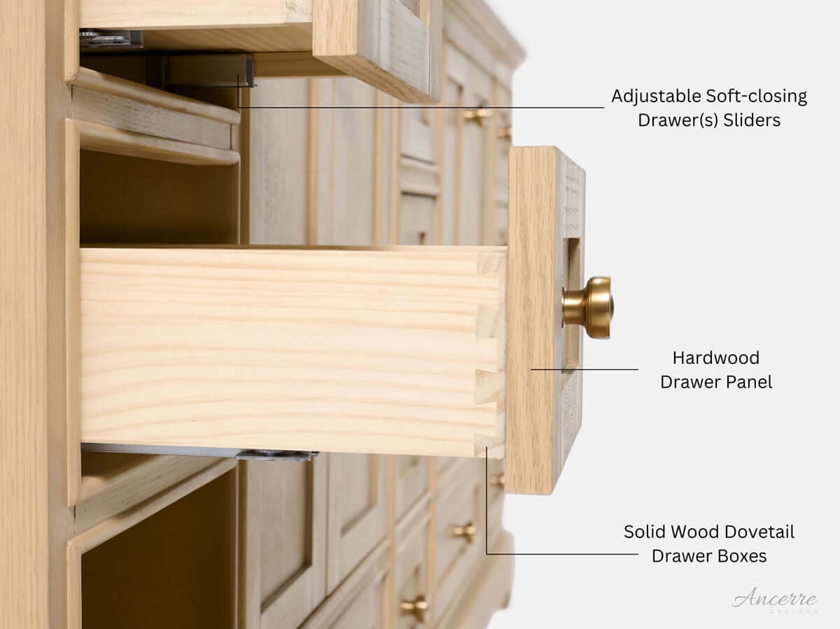 Audrey 60" & 66" Blue or Oak Solid Wood Vanities - Marble or Quartz Tops, Gold or Nickel Hardware - by Ancerre Design