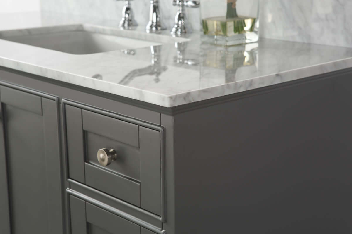 Audrey 84" White or Grey Solid Wood Vanities - Alpine White Quartz Tops - by Ancerre Designs - Perfect Makeup Mirrors