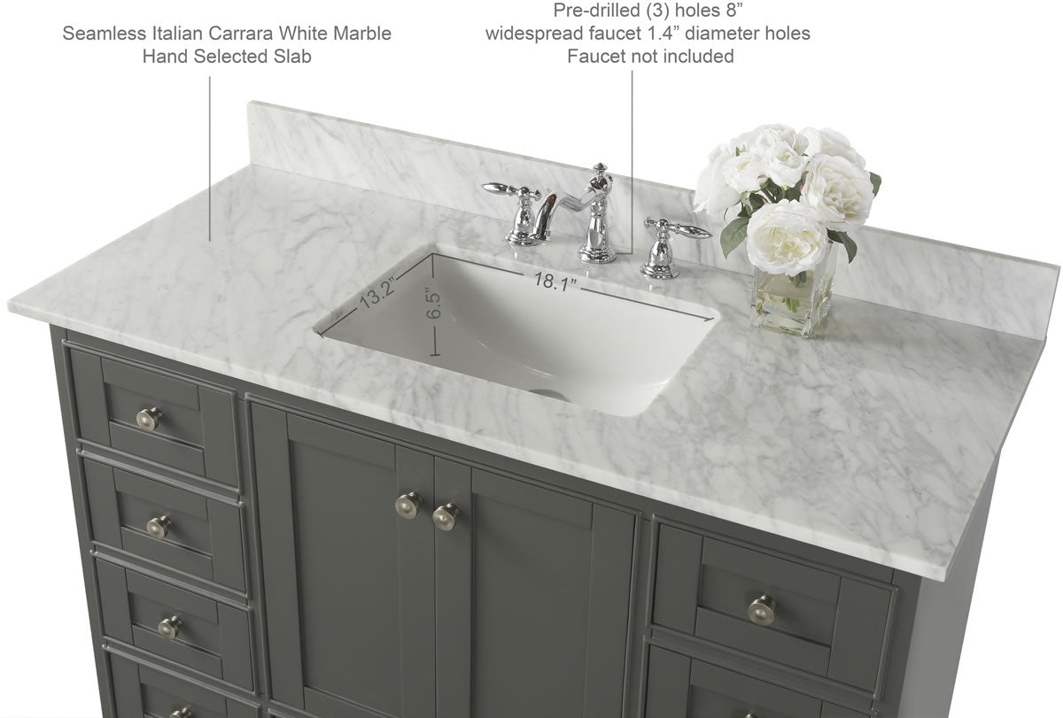 Audrey 48" Black or Gey Solid Wood Vanity - Italian Carrara Marble Top - by Ancerre Designs