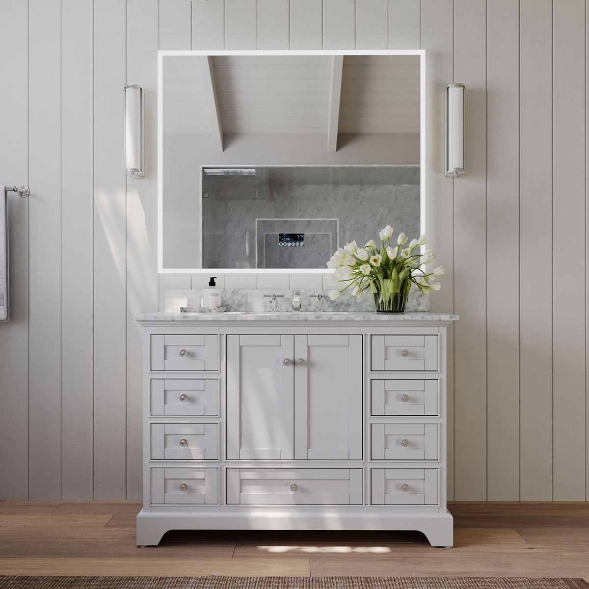 Audrey 48" White Solid Wood Vanity - Italian Carrara Marble Top - by Ancerre Designs