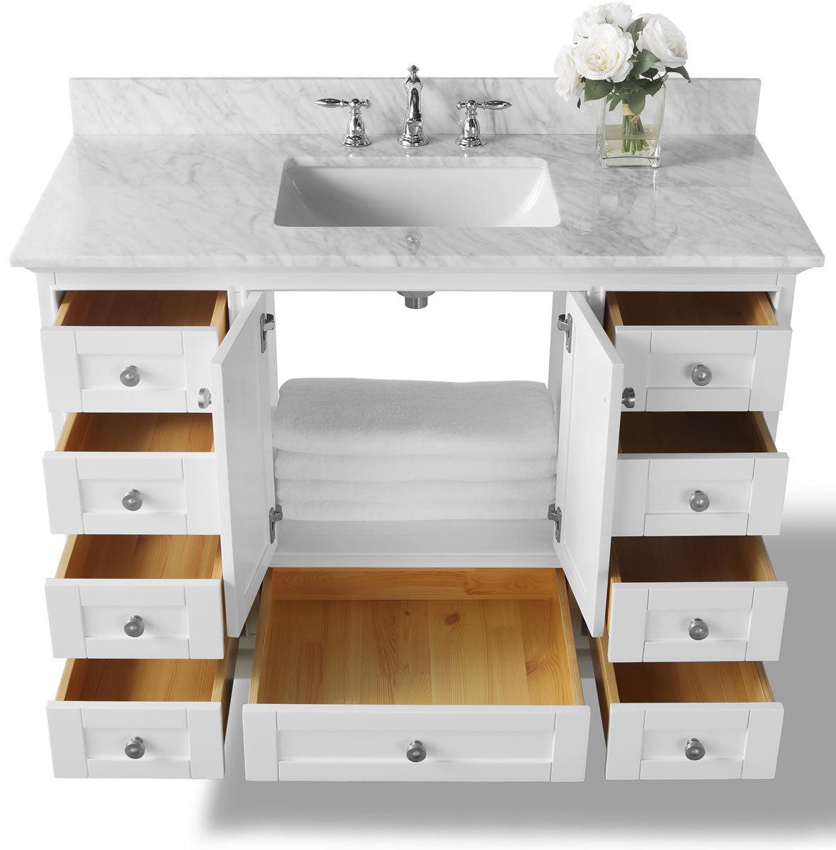 Audrey 48" White Solid Wood Vanity - Italian Carrara Marble Top - by Ancerre Designs