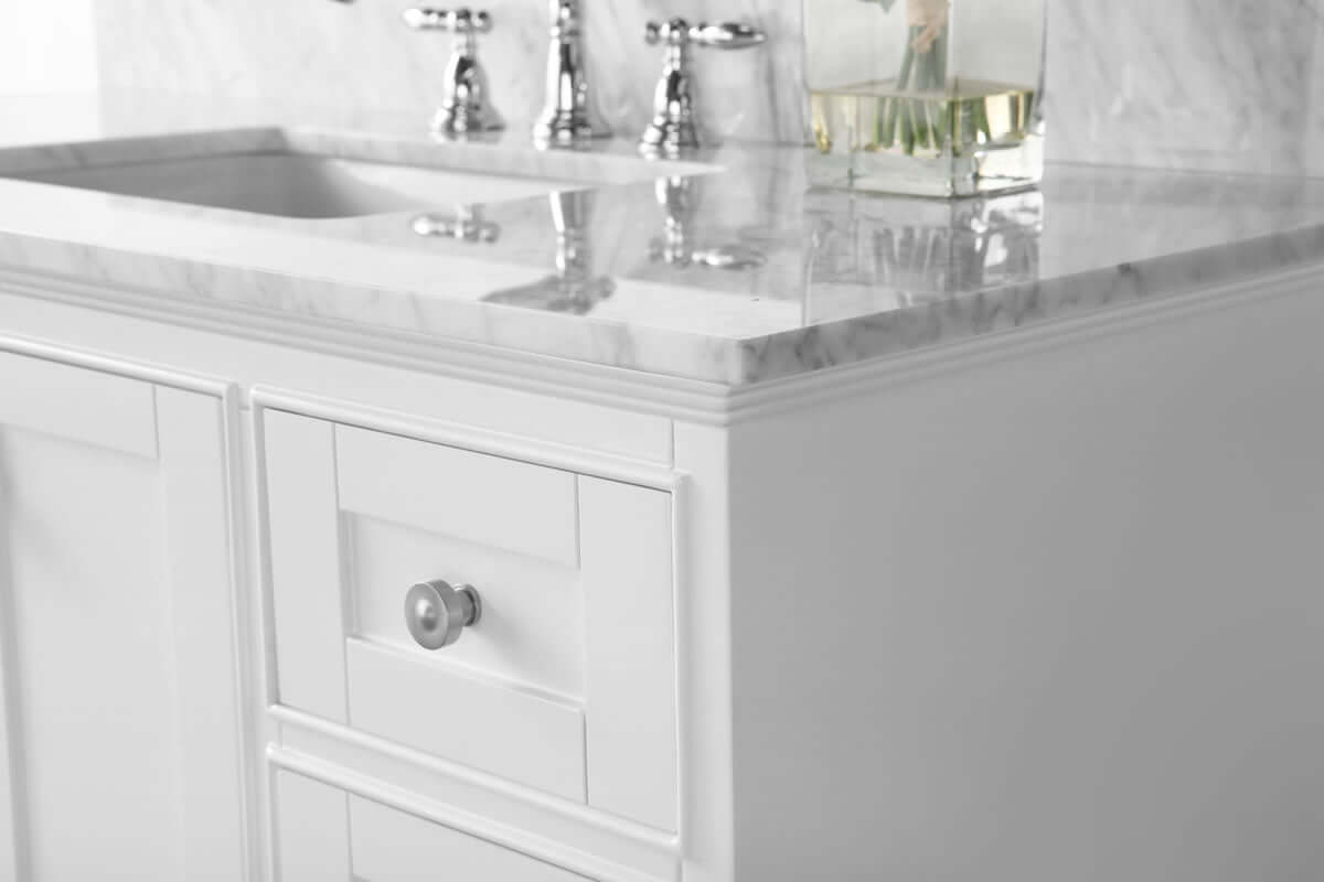Audrey 72" White or Grey Solid Wood Vanities - Carrara Marble Tops, Gold Hardware - by Ancerre Design