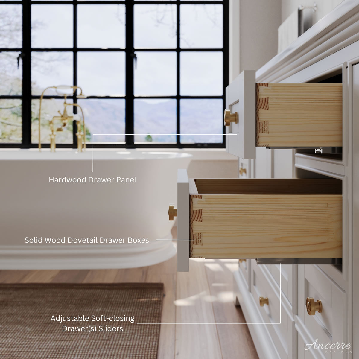 Audrey 48" White Solid Wood Vanity - Italian Carrara Marble Top - by Ancerre Designs