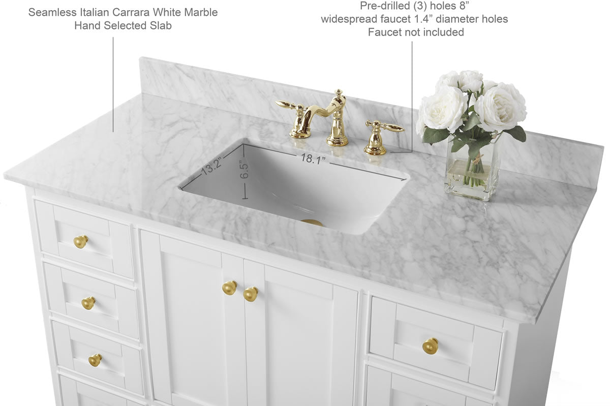 Audrey 48" White Solid Wood Vanity - Italian Carrara Marble Top - by Ancerre Designs