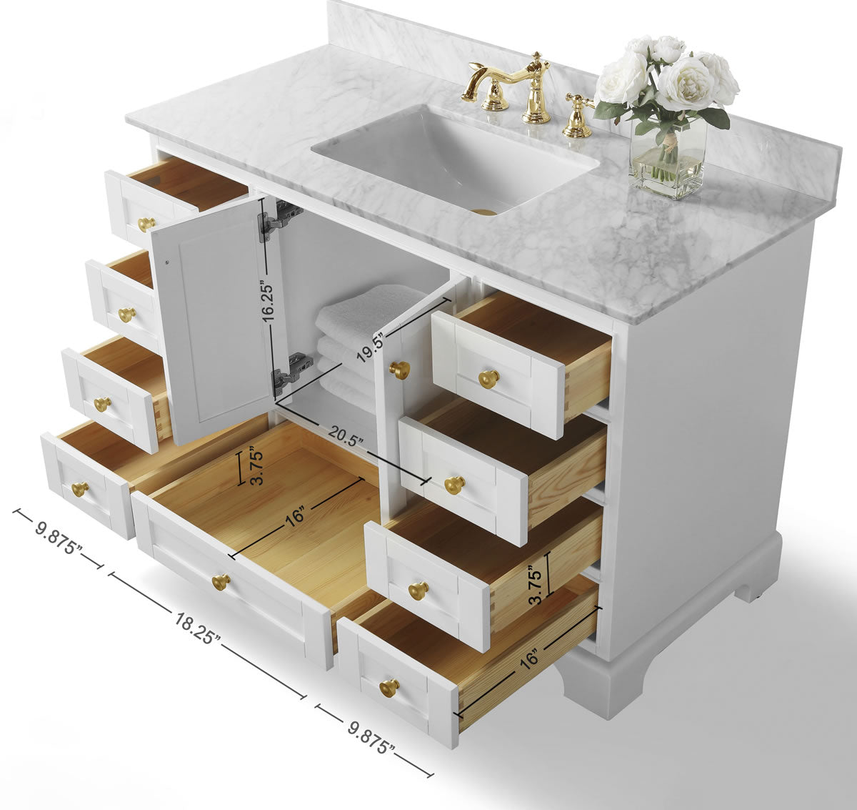 Audrey 48" White Solid Wood Vanity - Italian Carrara Marble Top - by Ancerre Designs