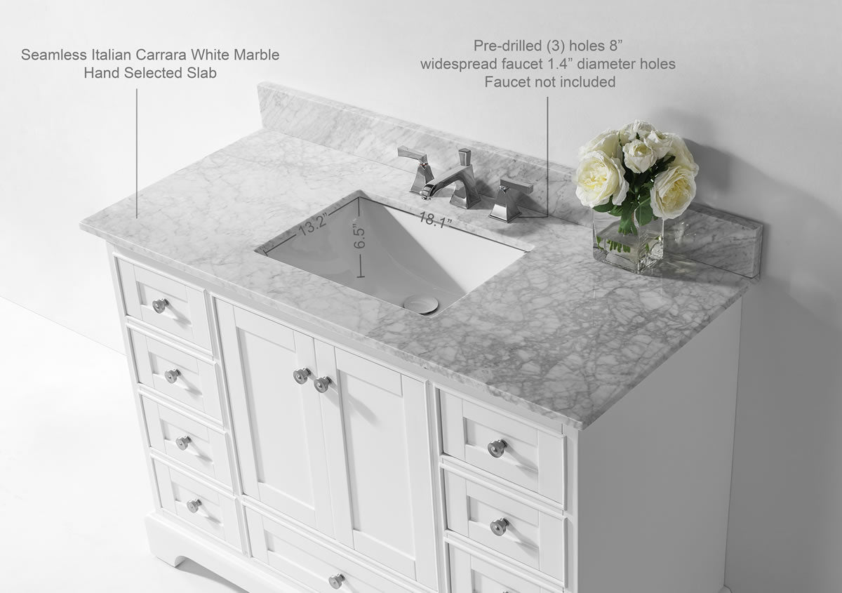 Audrey 48" White Solid Wood Vanity - Italian Carrara Marble Top - by Ancerre Designs