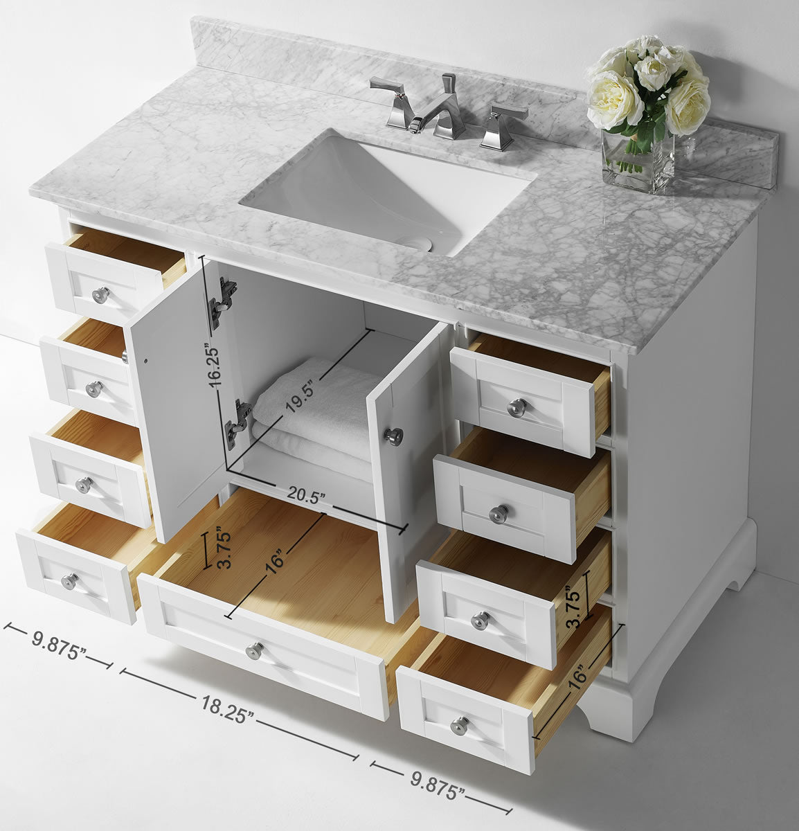 Audrey 48" White Solid Wood Vanity - Italian Carrara Marble Top - by Ancerre Designs