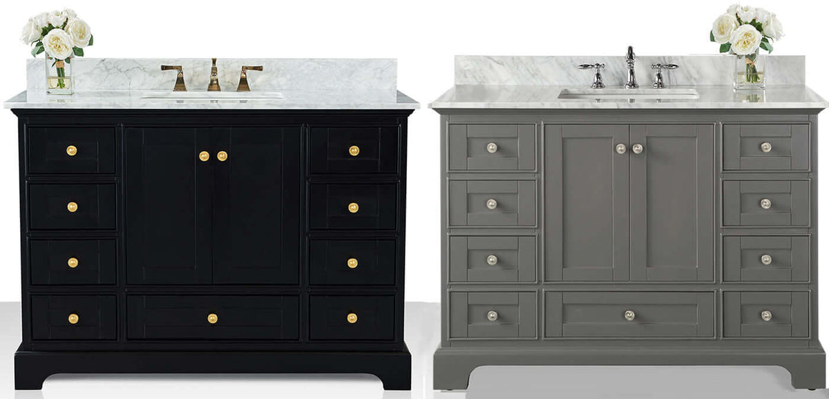 Audrey 60" & 66" Black or Gey Solid Wood Vanities - Italian Carrara Marble Tops - by Ancerre Designs - Perfect Makeup Mirrors
