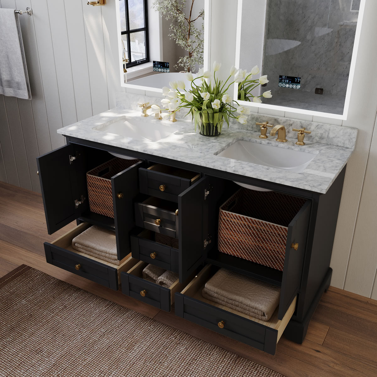 Audrey 60" & 66" Black or Gey Solid Wood Vanities - Italian Carrara Marble Tops - by Ancerre Designs