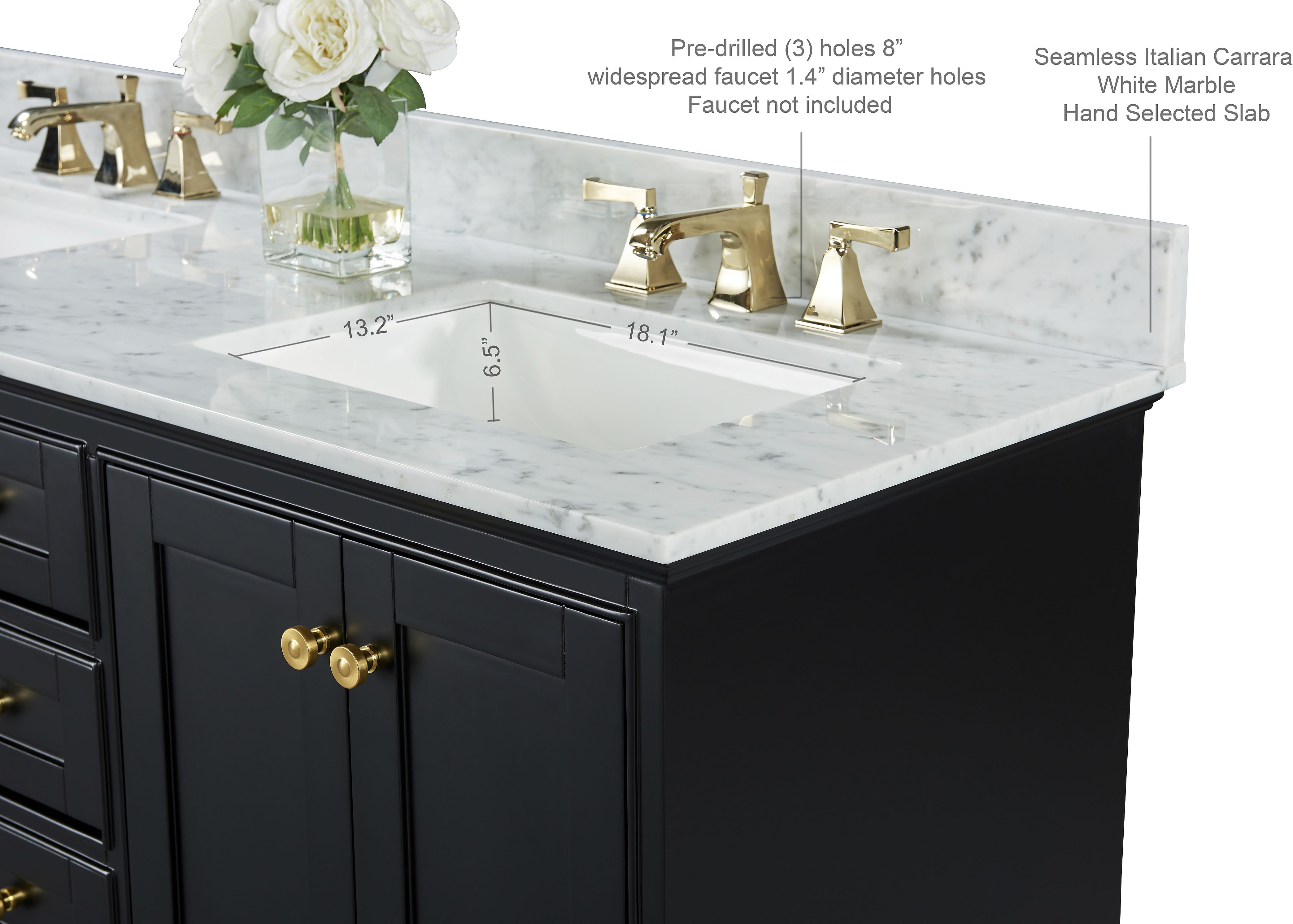 Audrey 60" & 66" Black or Gey Solid Wood Vanities - Italian Carrara Marble Tops - by Ancerre Designs