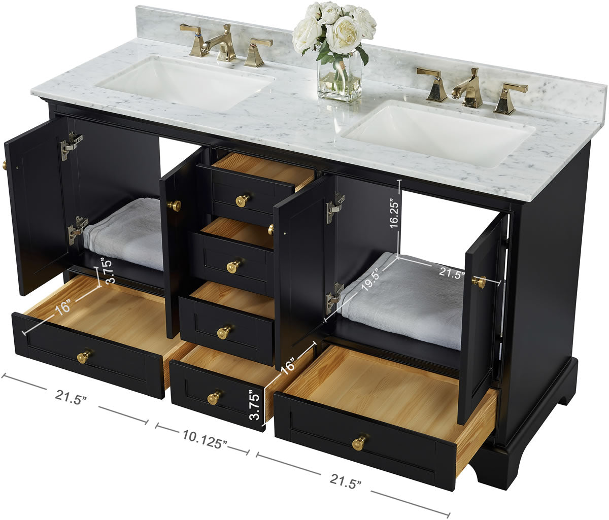 Audrey 60" & 66" Black or Gey Solid Wood Vanities - Italian Carrara Marble Tops - by Ancerre Designs