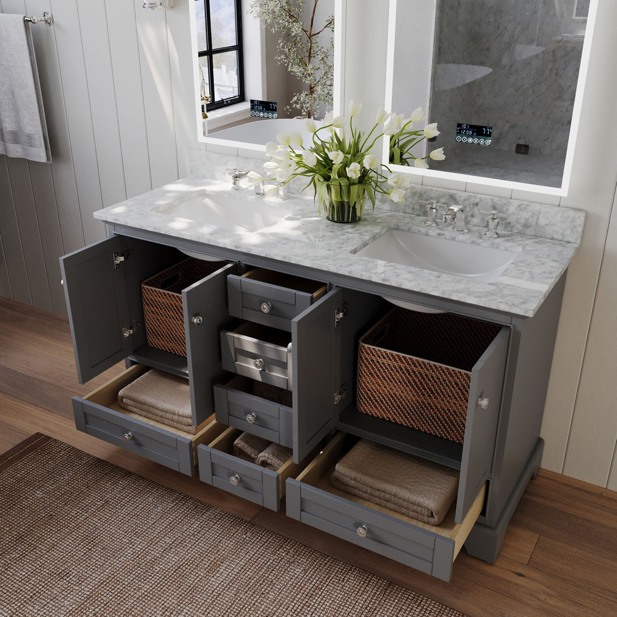Audrey 60" & 66" Black or Gey Solid Wood Vanities - Italian Carrara Marble Tops - by Ancerre Designs