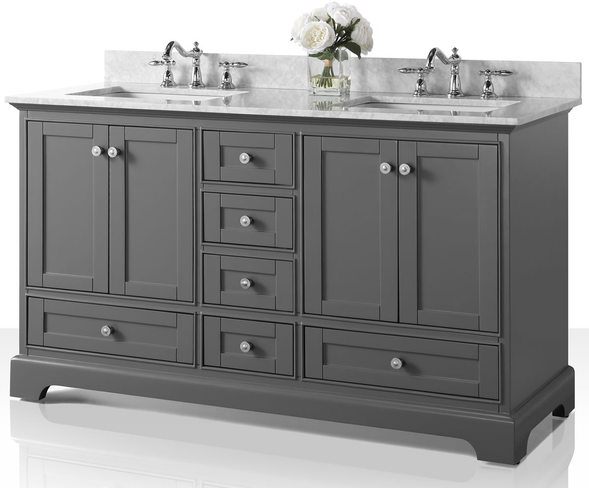 Audrey 60" & 66" Black or Gey Solid Wood Vanities - Italian Carrara Marble Tops - by Ancerre Designs
