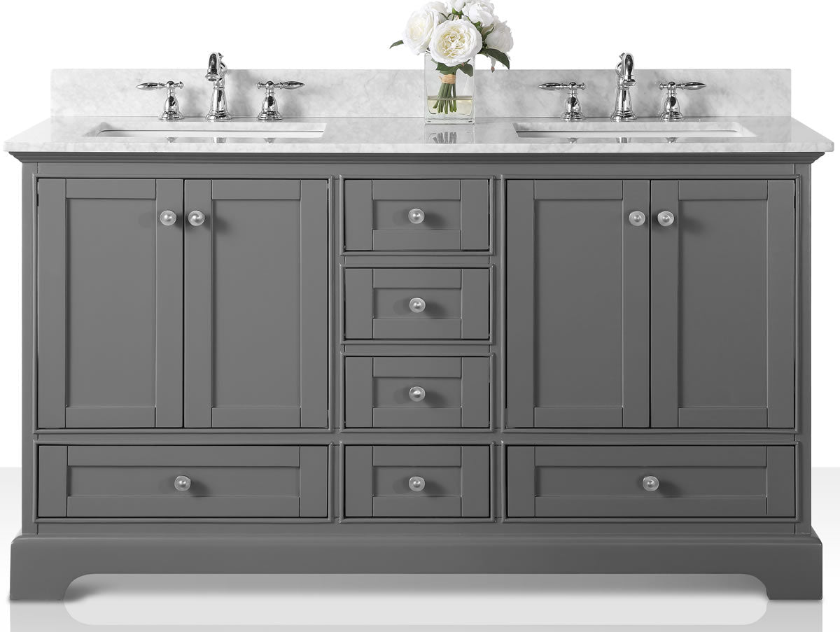 Audrey 60" & 66" Black or Gey Solid Wood Vanities - Italian Carrara Marble Tops - by Ancerre Designs