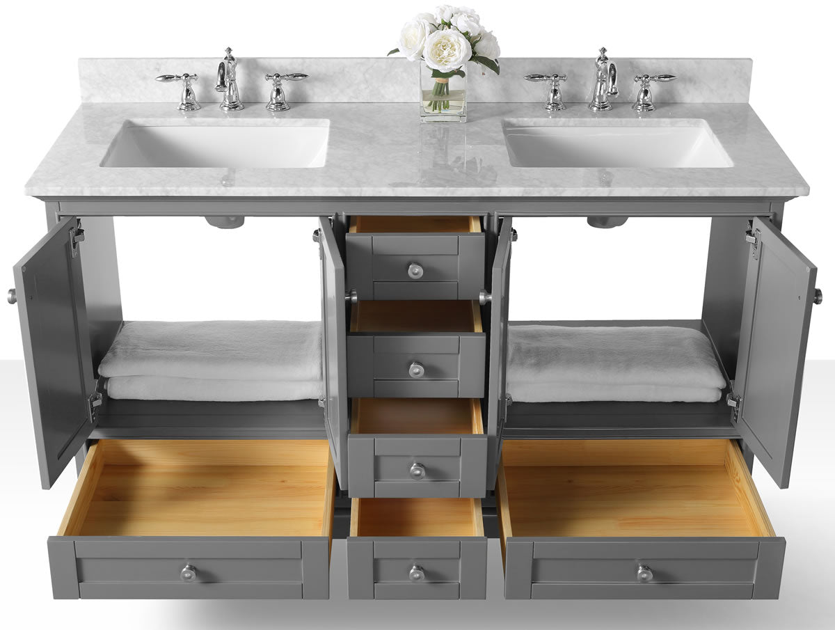 Audrey 60" & 66" Black or Gey Solid Wood Vanities - Italian Carrara Marble Tops - by Ancerre Designs