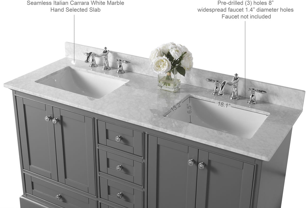 Audrey 60" & 66" Black or Gey Solid Wood Vanities - Italian Carrara Marble Tops - by Ancerre Designs