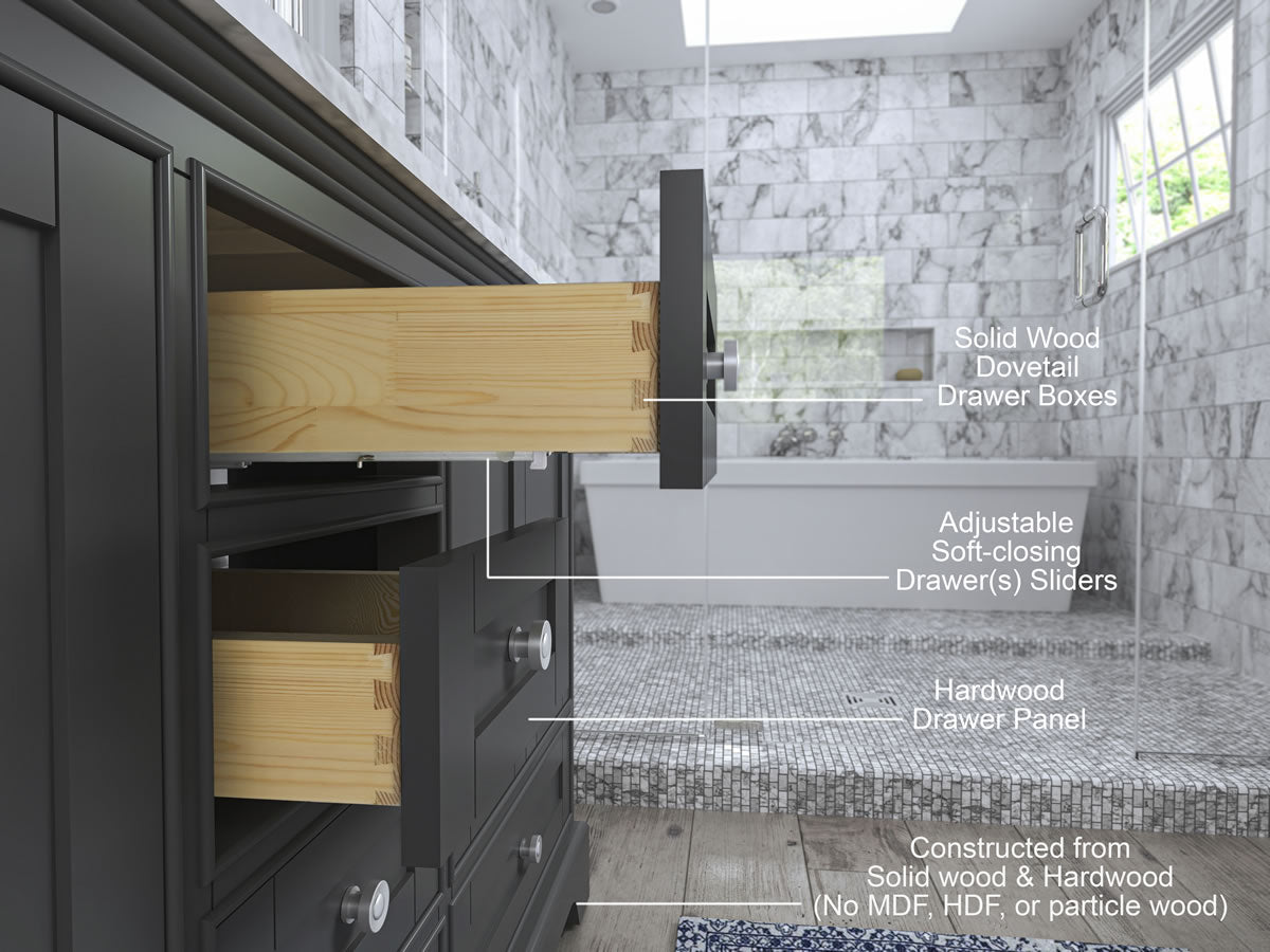 Audrey 60" & 66" Black or Gey Solid Wood Vanities - Italian Carrara Marble Tops - by Ancerre Designs