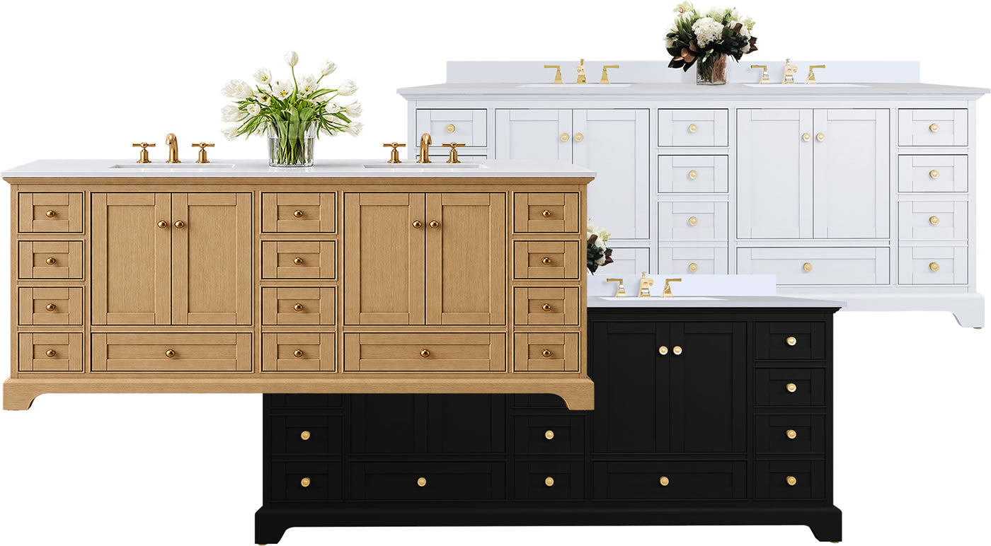 Audrey 84" Wide Vanity with Brushed Gold Hardware, in American Oak, Black Onyx, and White. (Faucets not included.)