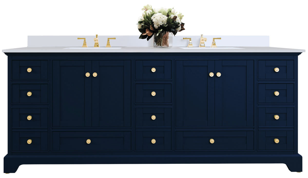 Audrey 84" Heritage Blue Solid Wood Vanities - Alpine White Quartz Tops - by Ancerre Designs