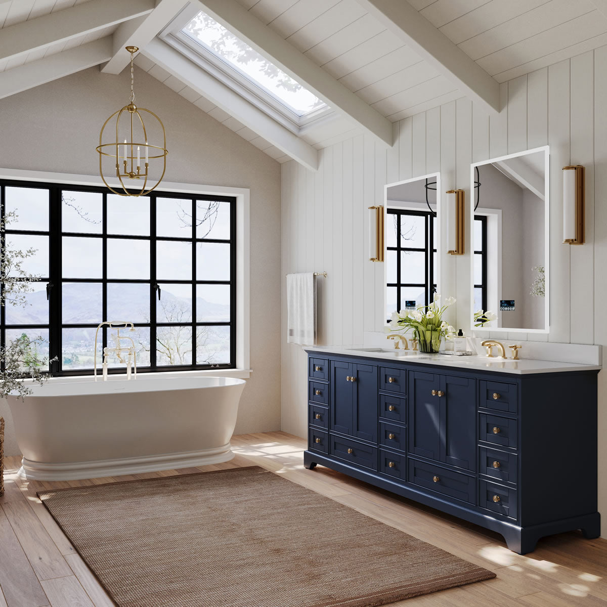 Audrey 84" Heritage Blue Solid Wood Vanities - Alpine White Quartz Tops - by Ancerre Designs