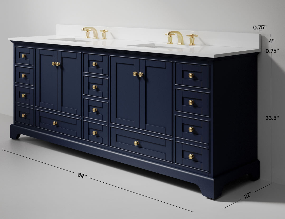 Audrey 84" Heritage Blue Solid Wood Vanities - Alpine White Quartz Tops - by Ancerre Designs