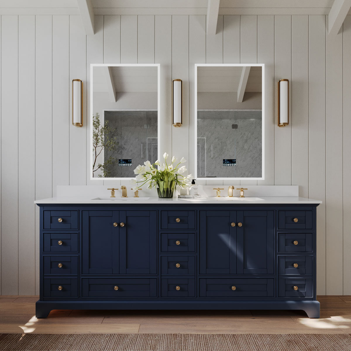 Audrey 84" Heritage Blue Solid Wood Vanities - Alpine White Quartz Tops - by Ancerre Designs