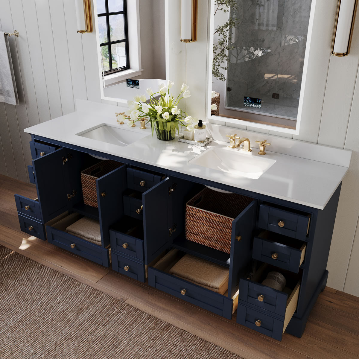 Audrey 84" Heritage Blue Solid Wood Vanities - Alpine White Quartz Tops - by Ancerre Designs