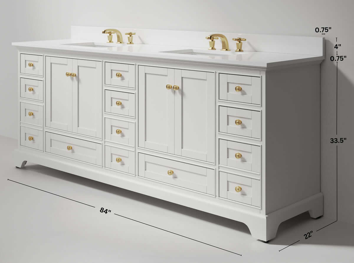 Audrey 84" Black, White, or Oak Solid Wood Vanities - Alpine White Quartz Tops - by Ancerre Designs - Perfect Makeup Mirrors