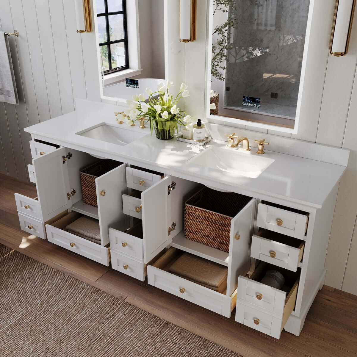 Audrey 84" Black, White, or Oak Solid Wood Vanities - Alpine White Quartz Tops - by Ancerre Designs - Perfect Makeup Mirrors