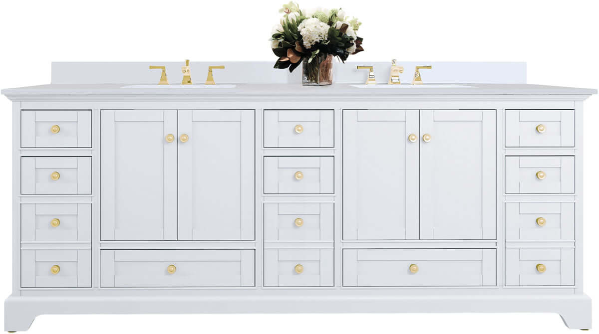 Audrey 84" Black, White, or Oak Solid Wood Vanities - Alpine White Quartz Tops - by Ancerre Designs - Perfect Makeup Mirrors
