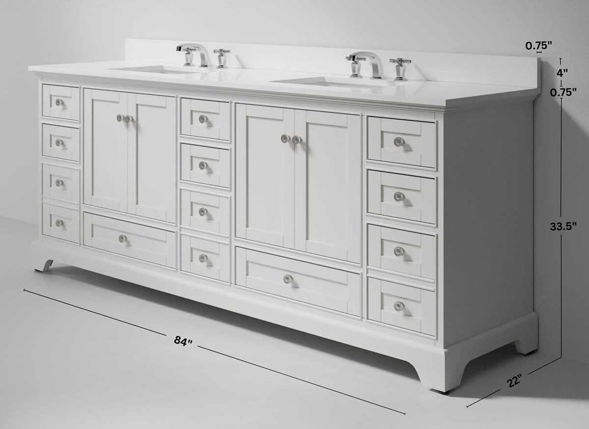 Audrey 84" White or Grey Solid Wood Vanities - Alpine White Quartz Tops - by Ancerre Designs