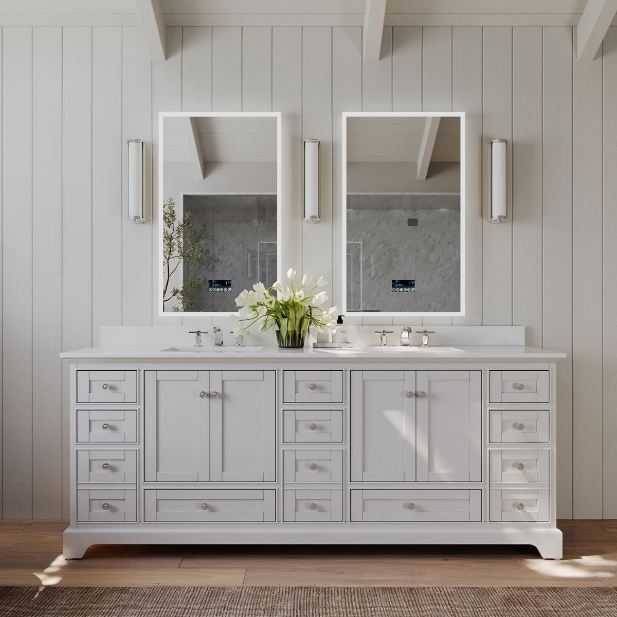 Audrey 84" White or Grey Solid Wood Vanities - Alpine White Quartz Tops - by Ancerre Designs