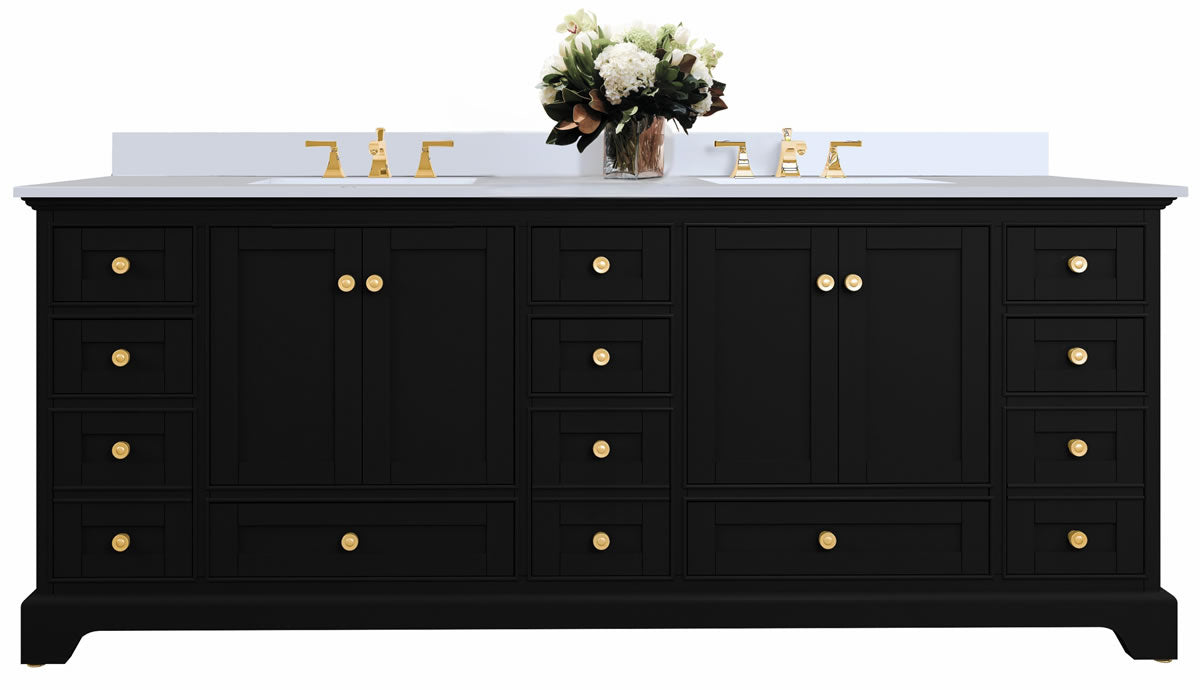 Audrey 84" Black Onyx vanity. Handcrafted from solid hardwood -- no MDF or particle board whatsoever.
