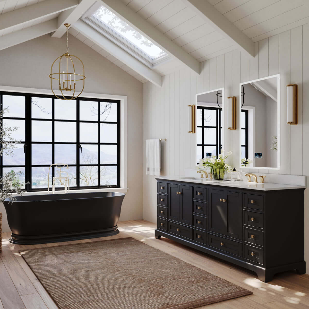 Audrey 84" Black, White, or Oak Solid Wood Vanities - Alpine White Quartz Tops - by Ancerre Designs - Perfect Makeup Mirrors