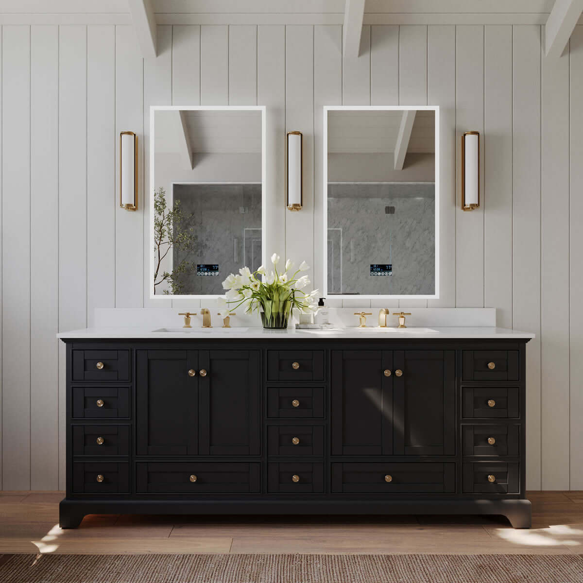 Audrey 84" Black, White, or Oak Solid Wood Vanities - Alpine White Quartz Tops - by Ancerre Designs - Perfect Makeup Mirrors