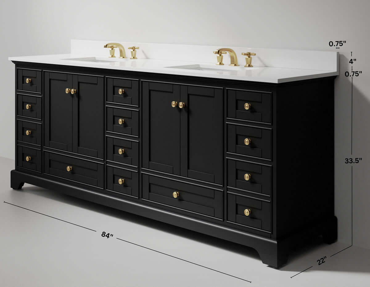 Audrey 84" Black, White, or Oak Solid Wood Vanities - Alpine White Quartz Tops - by Ancerre Designs - Perfect Makeup Mirrors