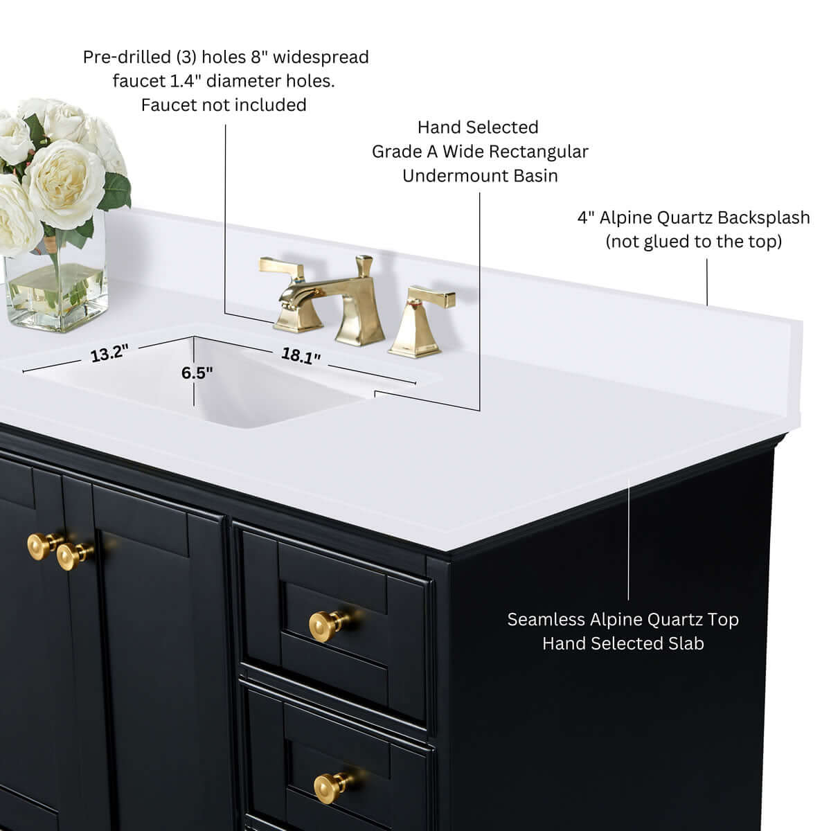 Audrey 84" Black, White, or Oak Solid Wood Vanities - Alpine White Quartz Tops - by Ancerre Designs - Perfect Makeup Mirrors