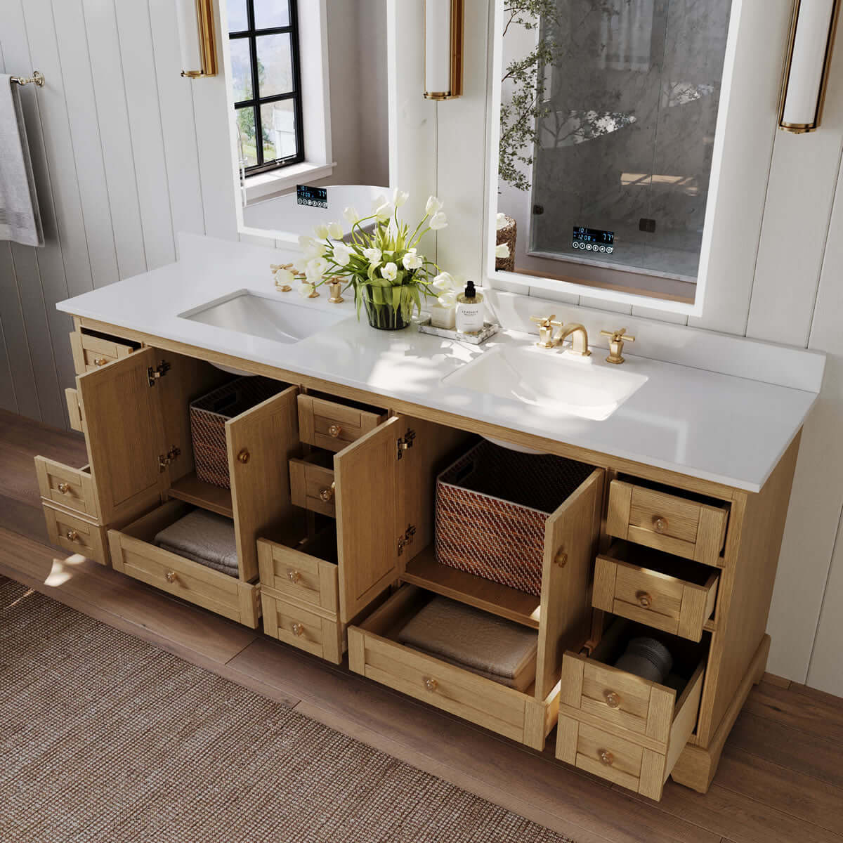 Audrey 84" Black, White, or Oak Solid Wood Vanities - Alpine White Quartz Tops - by Ancerre Designs - Perfect Makeup Mirrors